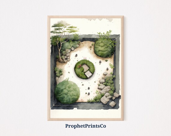 Zen Sand Garden Watercolor Aerial View Japanese Stone Lanterns Poster
