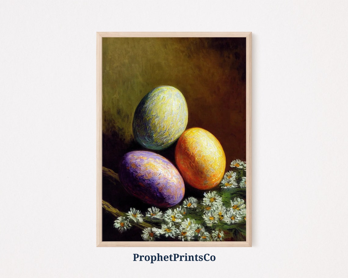 Three Colorful Easter Eggs With White Daisies Still Life Poster