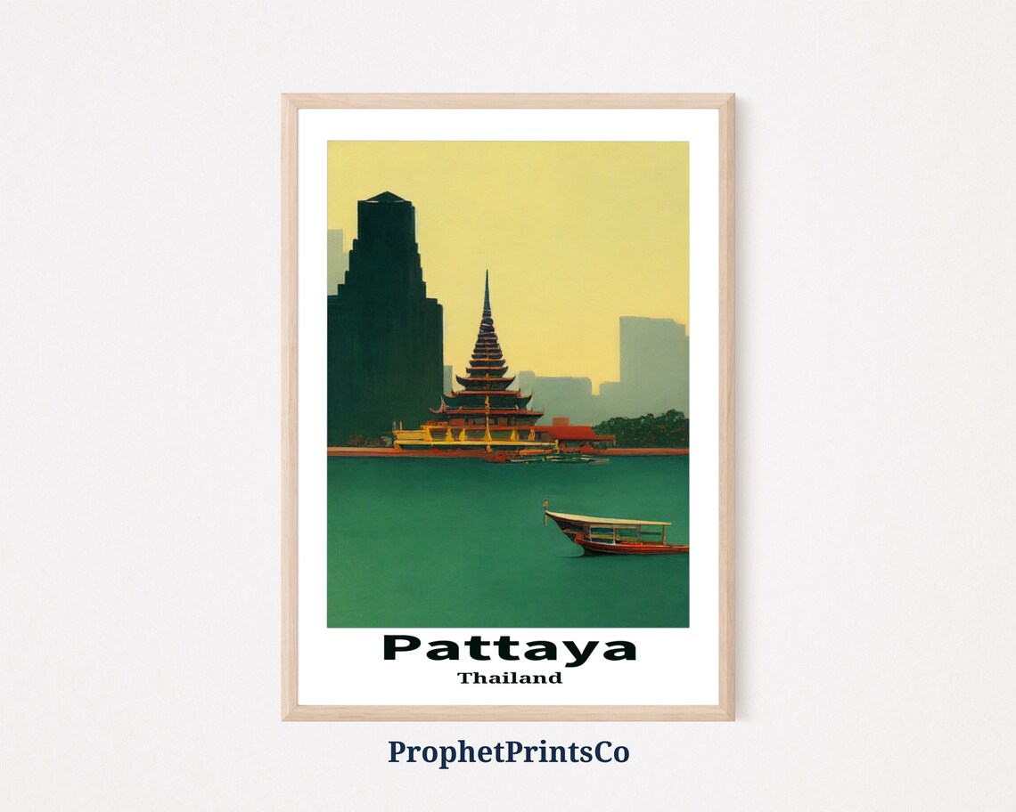 Pattaya Thailand Temple on Water Longtail Boat Travel Poster