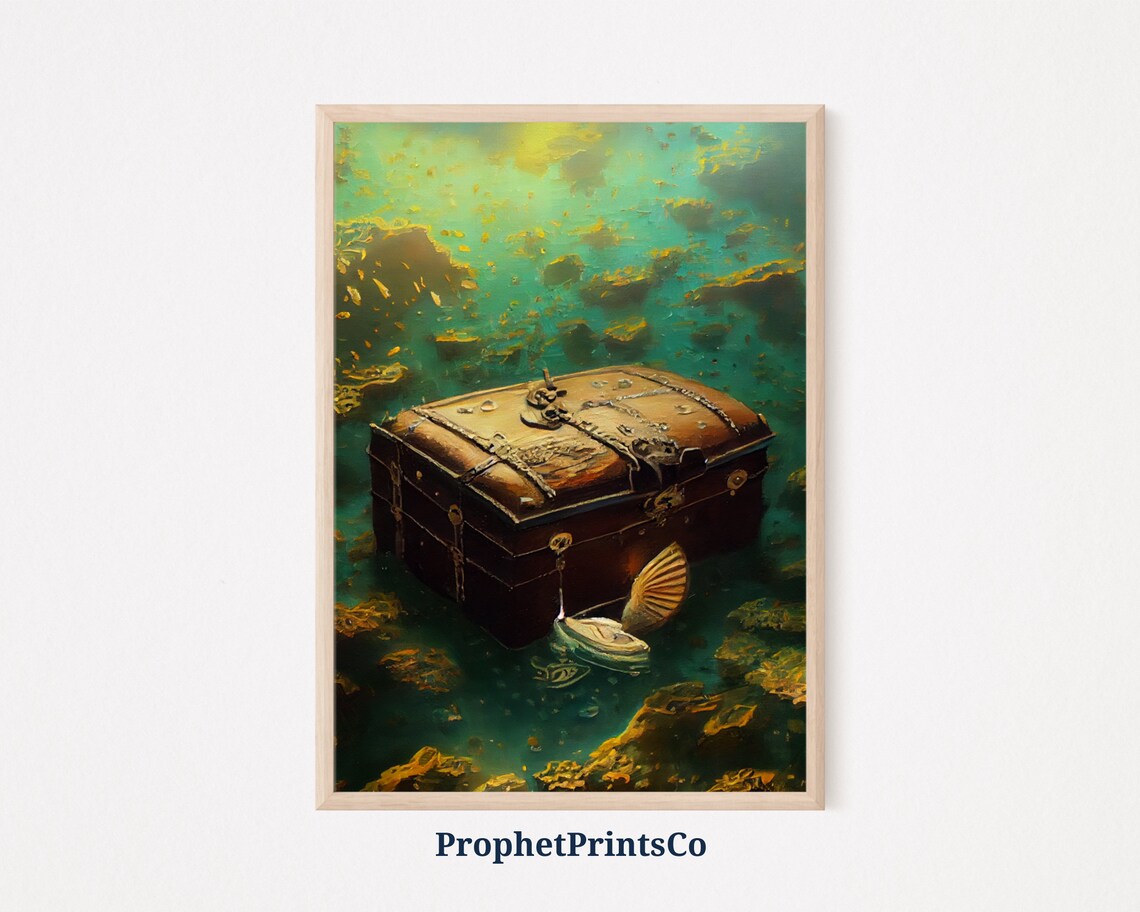 Pirate Treasure Chest on Ocean Floor Pearls Sunken Gold Art Poster