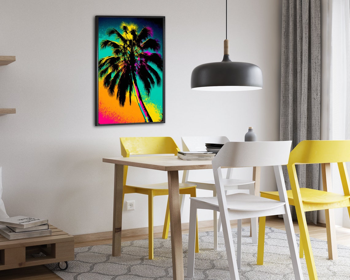 Black Palm Silhouette Neon Fronds Teal Sunset Graphic Poster - Image 2