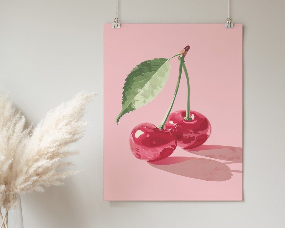 Shiny Red Cherries Green Leaf Pink Pop Art Sweet Kitchen Wall Poster - Image 2