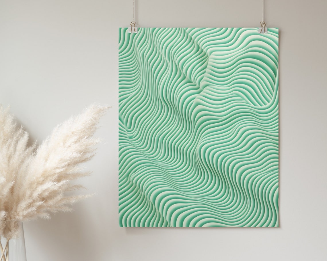 Serene Mint Green Topographic Wavy Lines Contemporary Art Poster - Image 2