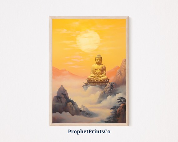 Golden Buddha Meditating Above Clouds Sunset Painting Poster