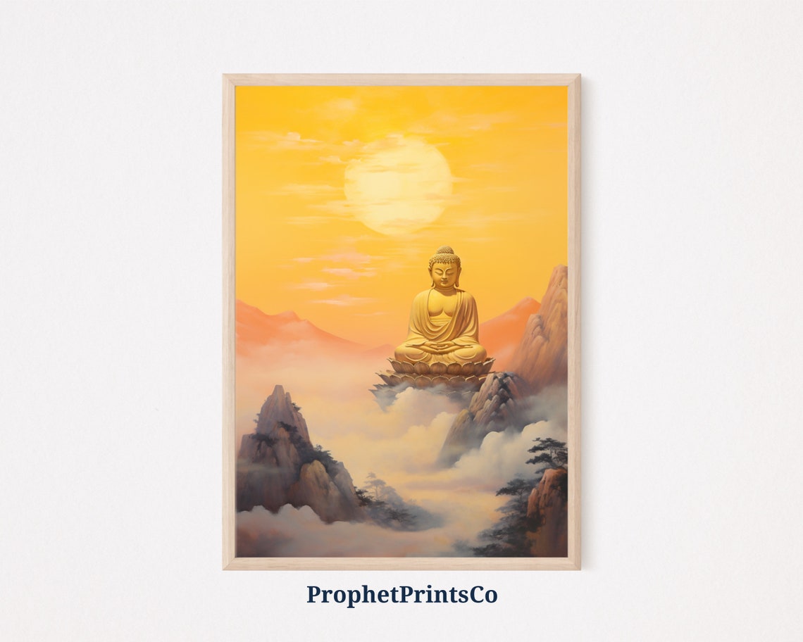 Golden Buddha Meditating Above Clouds Sunset Painting Poster
