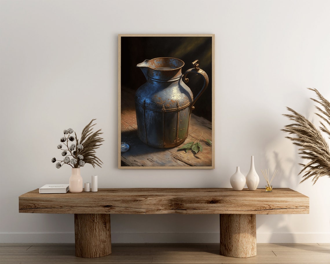 Weathered Metal Pitcher on Wooden Table Rustic Still Life Poster - Image 3