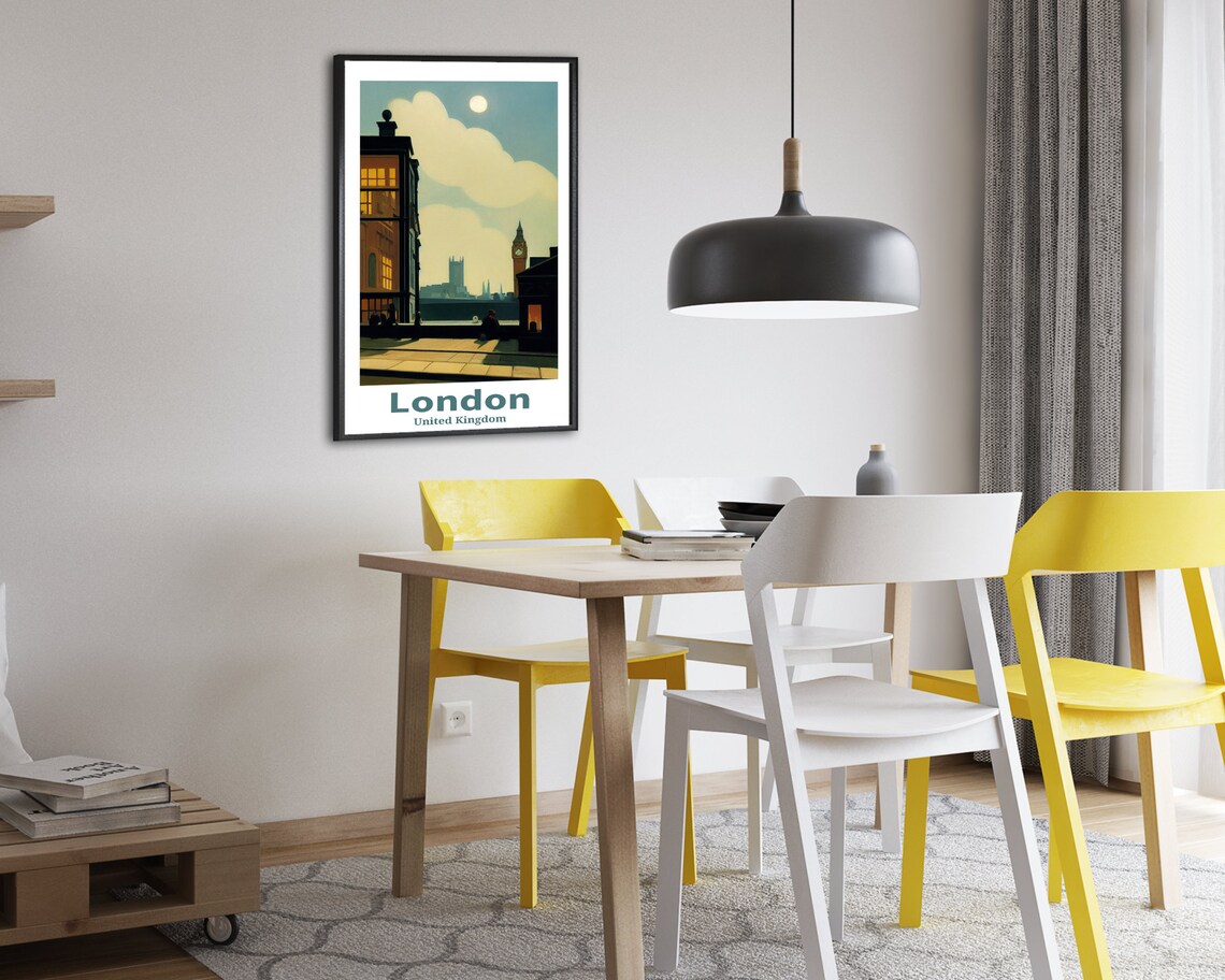 London United Kingdom Vintage Big Ben Embankment Moon Travel Poster - Image 2