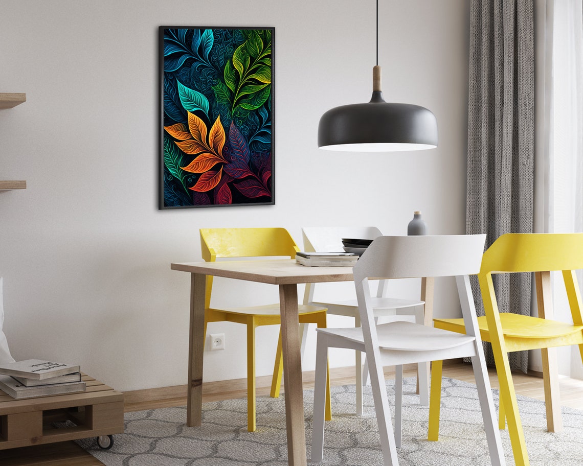 Glowing Neon Tropical Leaves on Black Vibrant Botanical Art Poster - Image 2
