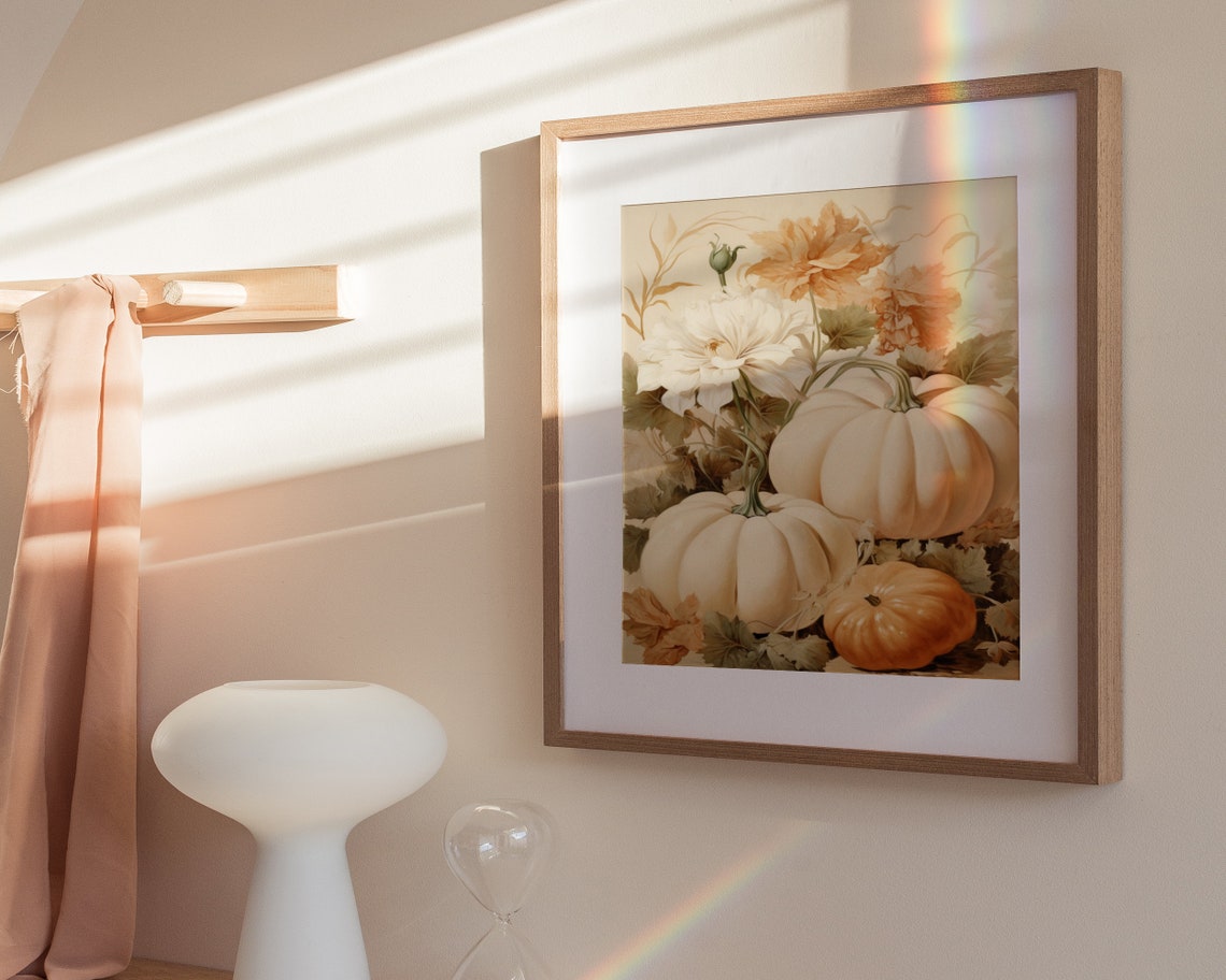 White Pumpkins And Blush Flowers Vintage Fall Botanical Poster - Image 3