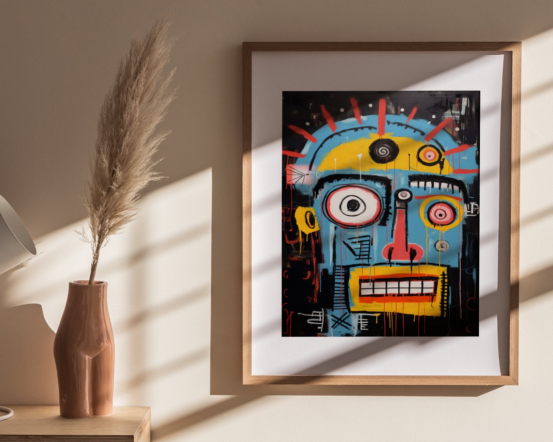 Basquiat Inspired Blue Face Abstract Graffiti Grinning Art Poster - Image 4