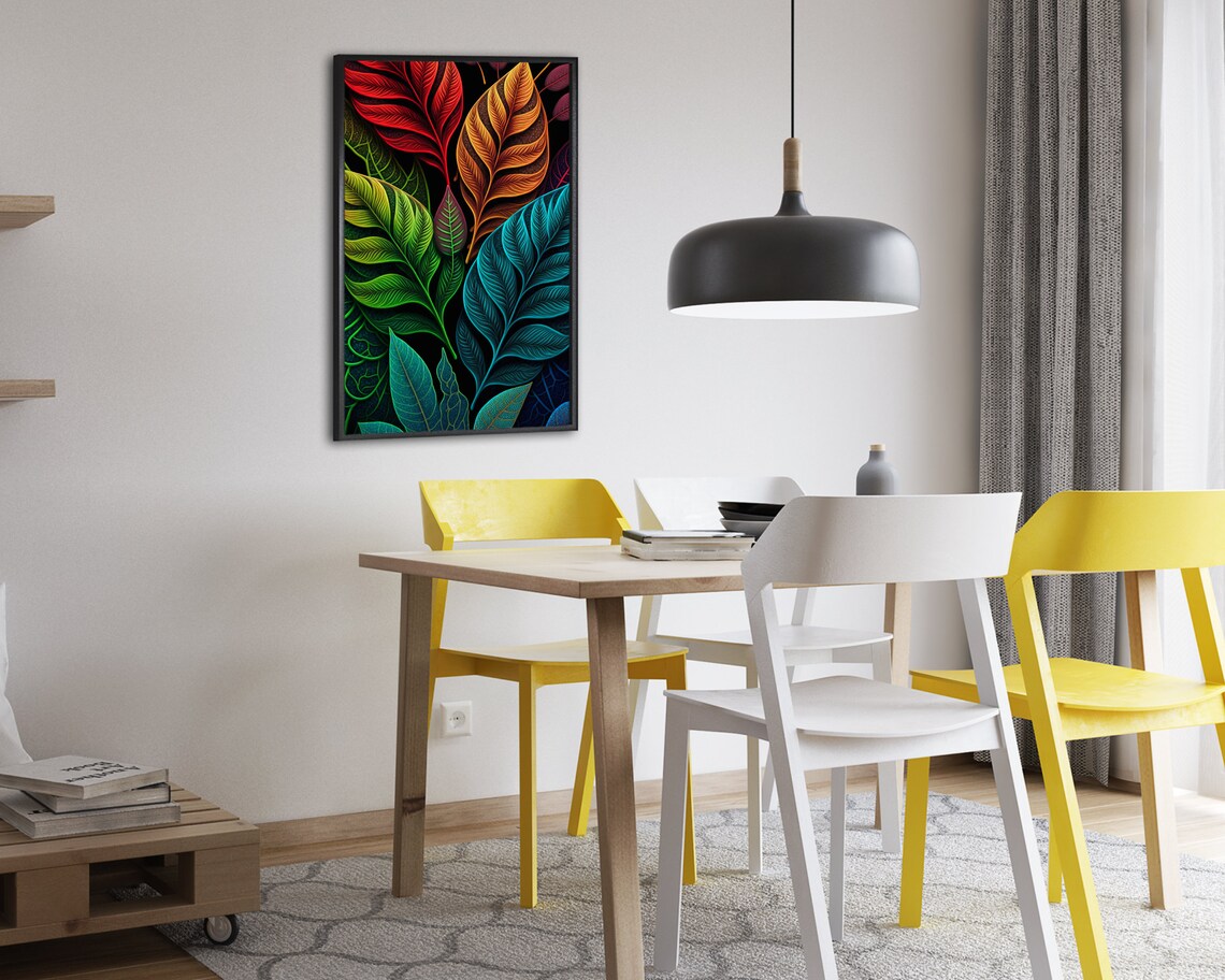 Colorful Vibrant Neon Tropical Leaves on Black Botanical Art Poster - Image 2