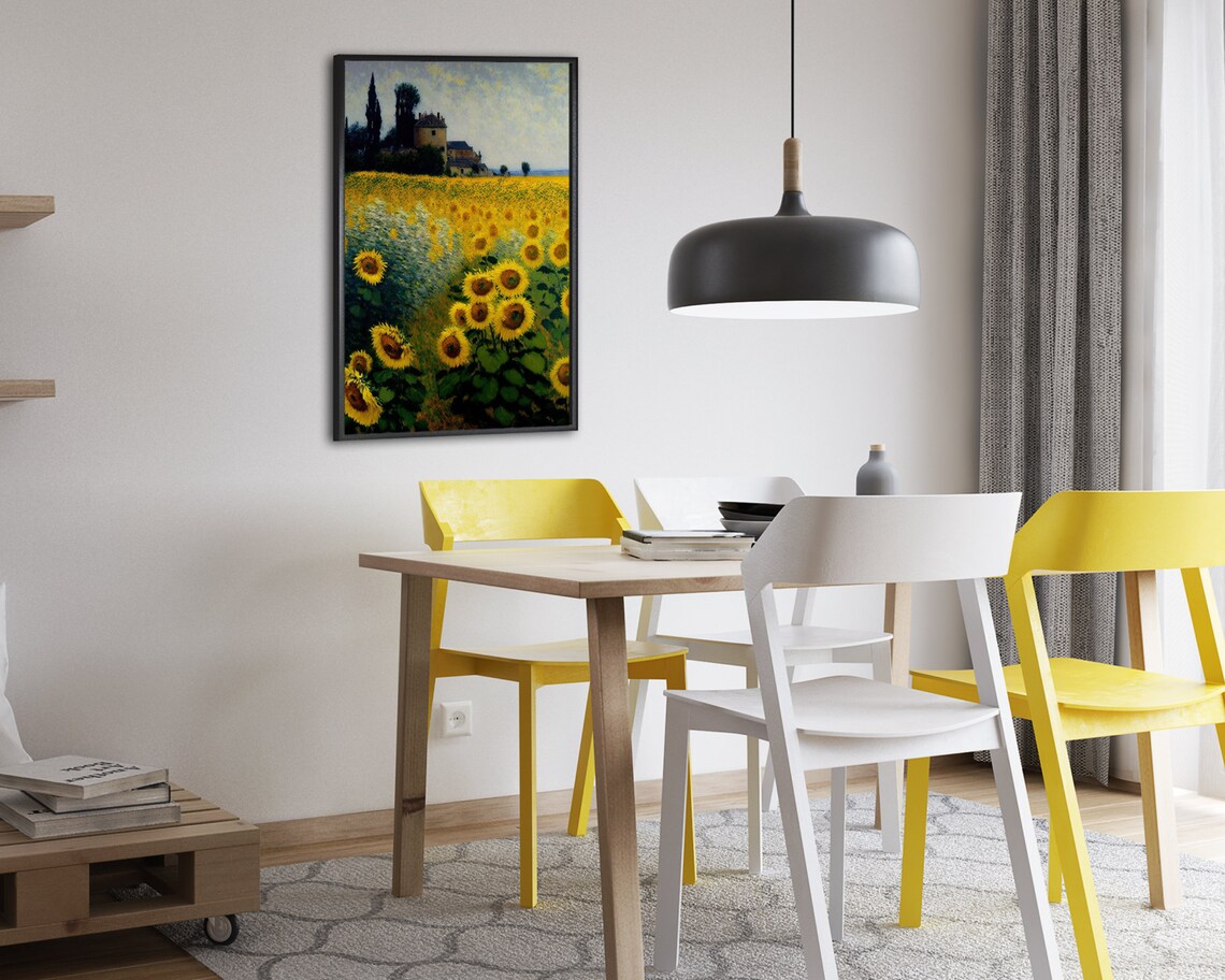 Sunflower Field With a Country Farmhouse in Warm Impressionist Style Poster - Image 2