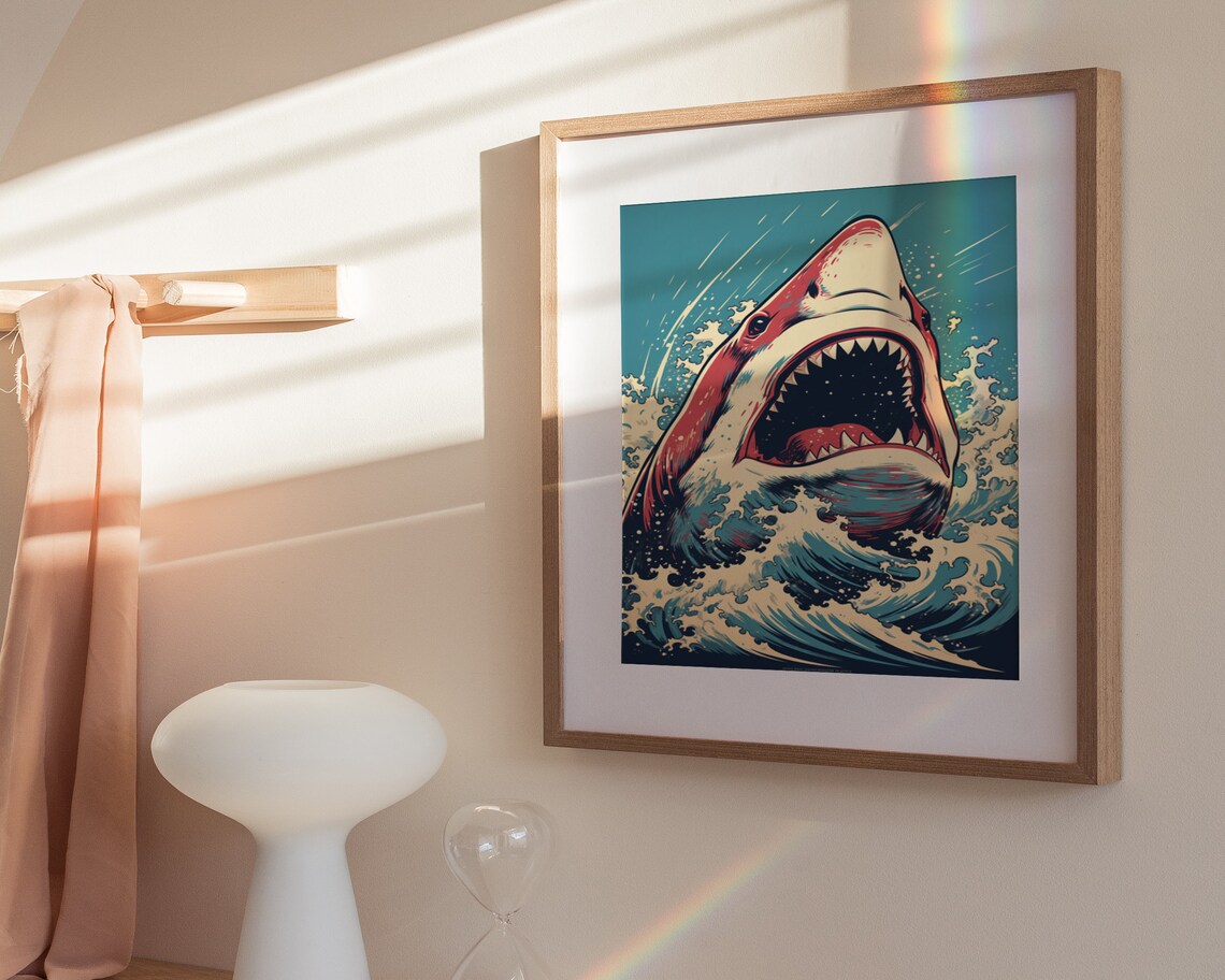 Great White Shark Leaping From Waves Retro Red Teal Art Poster - Image 3