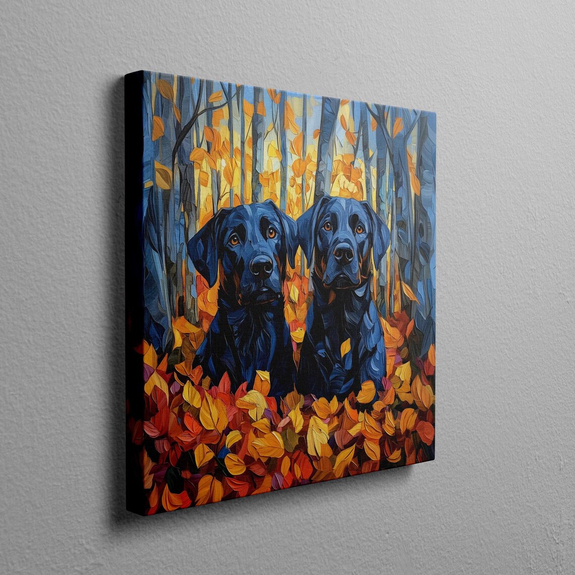 Two Black Labs In An Autumn Forest Full Of Colorful Leaves Poster - Image 2