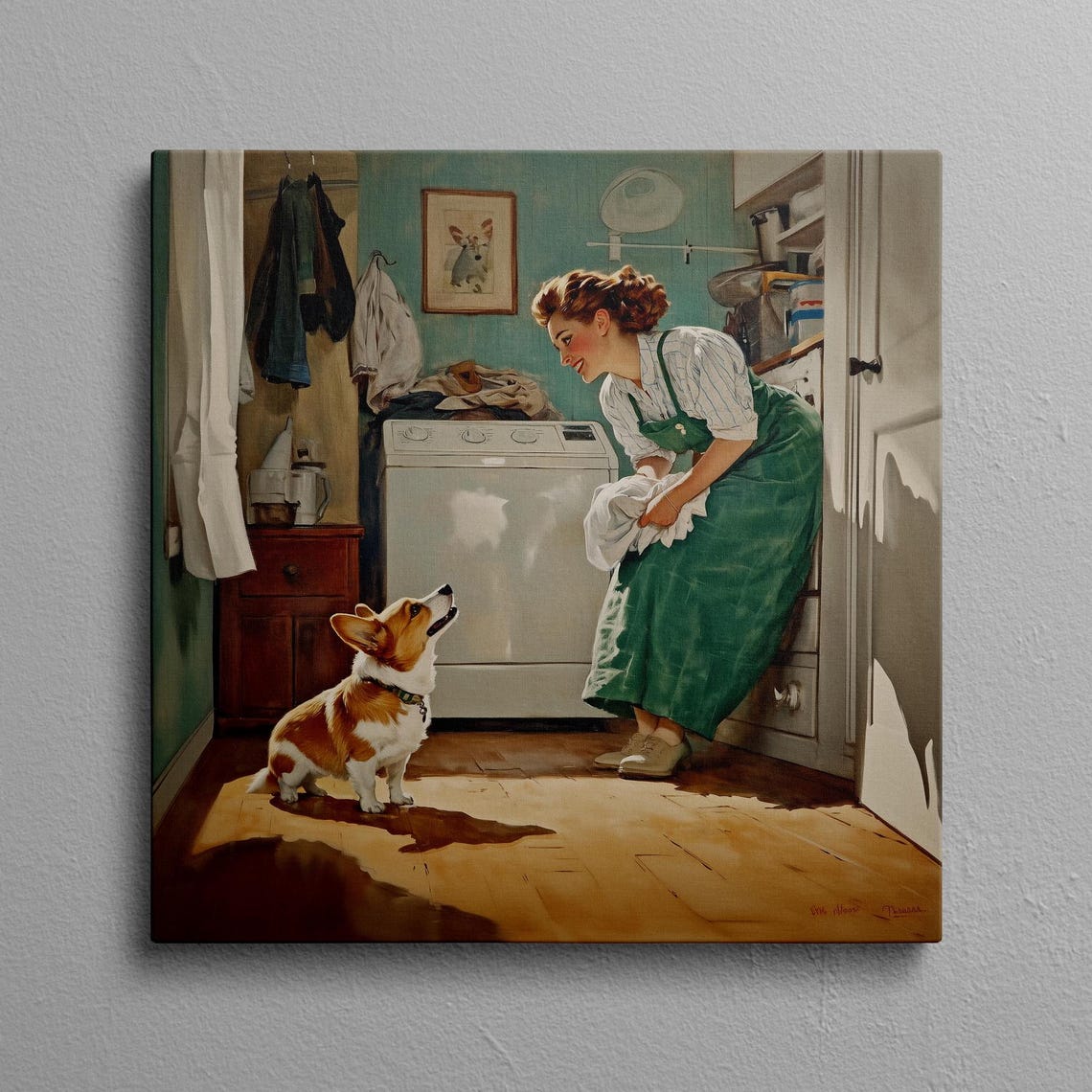 Retro Woman Washing Clothes With Corgi Laundry Helper Wall Art