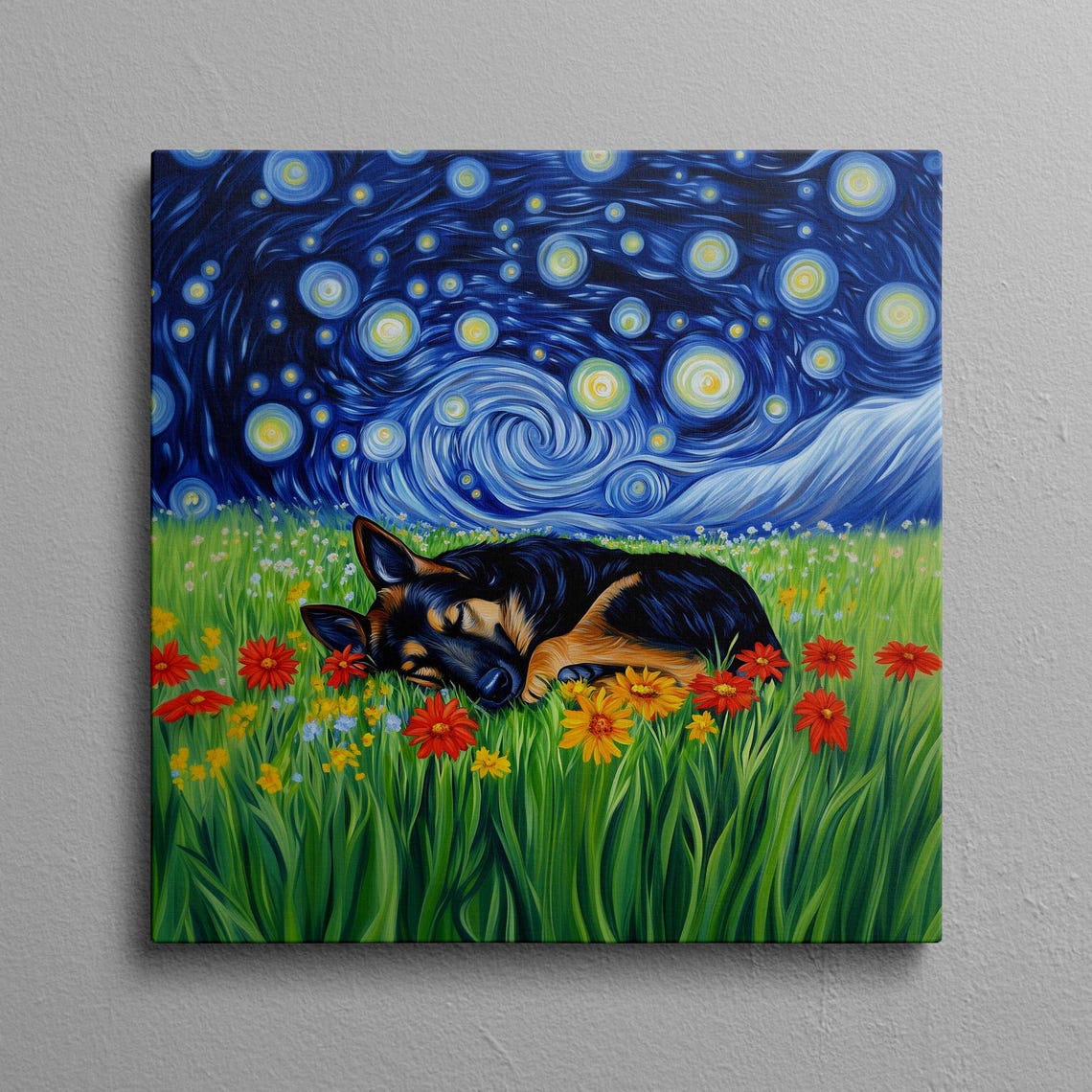 German Shepherd Sleeping in Starry Night Flower Field Wall Art