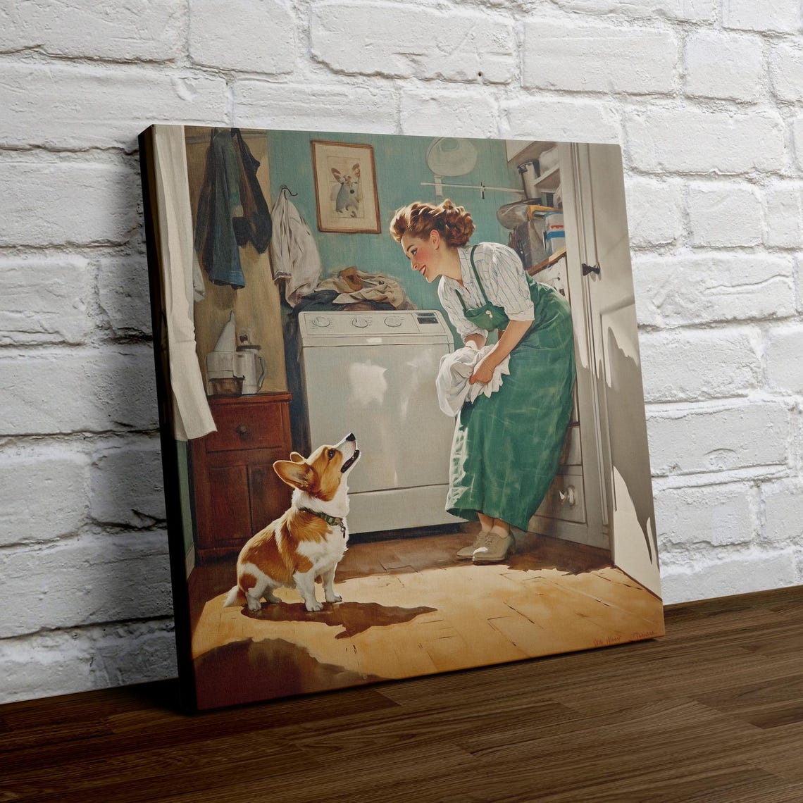 Retro Woman Washing Clothes With Corgi Laundry Helper Wall Art - Image 4