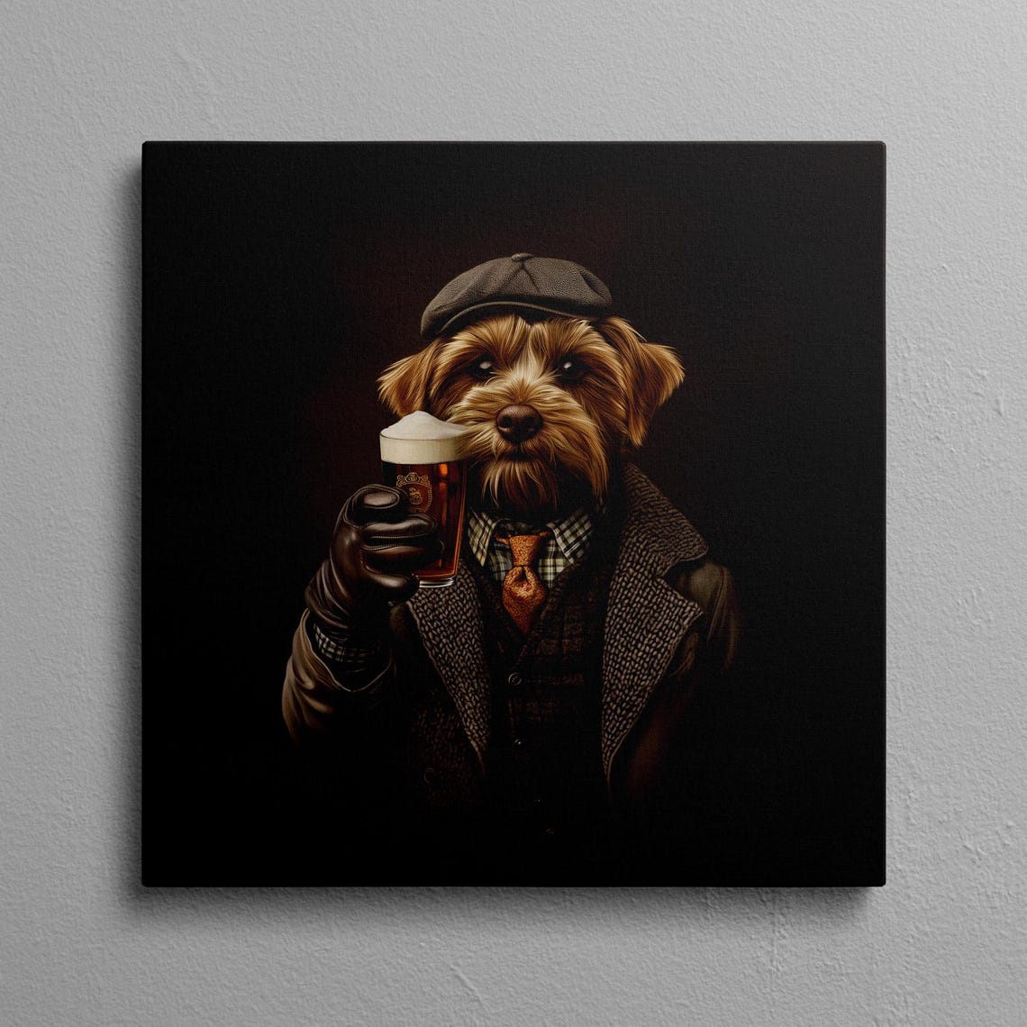 Yorkshire Terrier Pub Portrait With Beer Flat Cap Tweed Poster