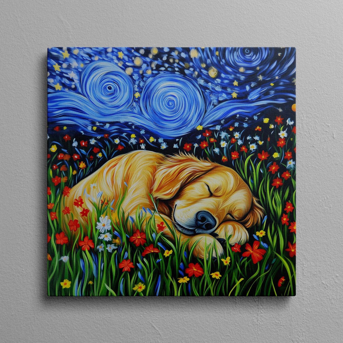 Sleeping Golden Retriever In Wildflowers Under Starry Night Poster
