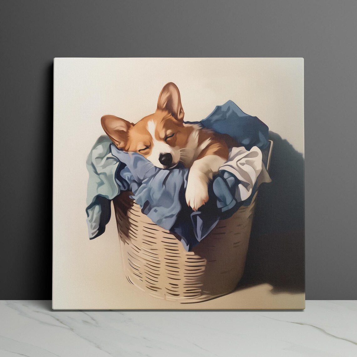 Corgi Laundry Room Art Print, Sleeping in Basket - Image 3
