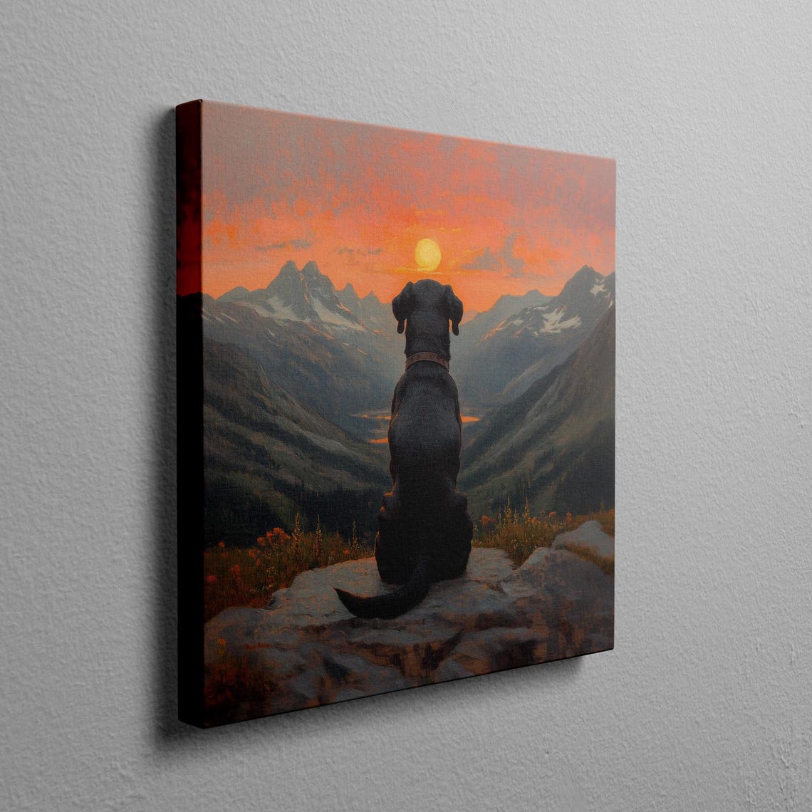 Black Lab Watching Mountain Sunset Sitting on a Rock Wall Art - Image 2