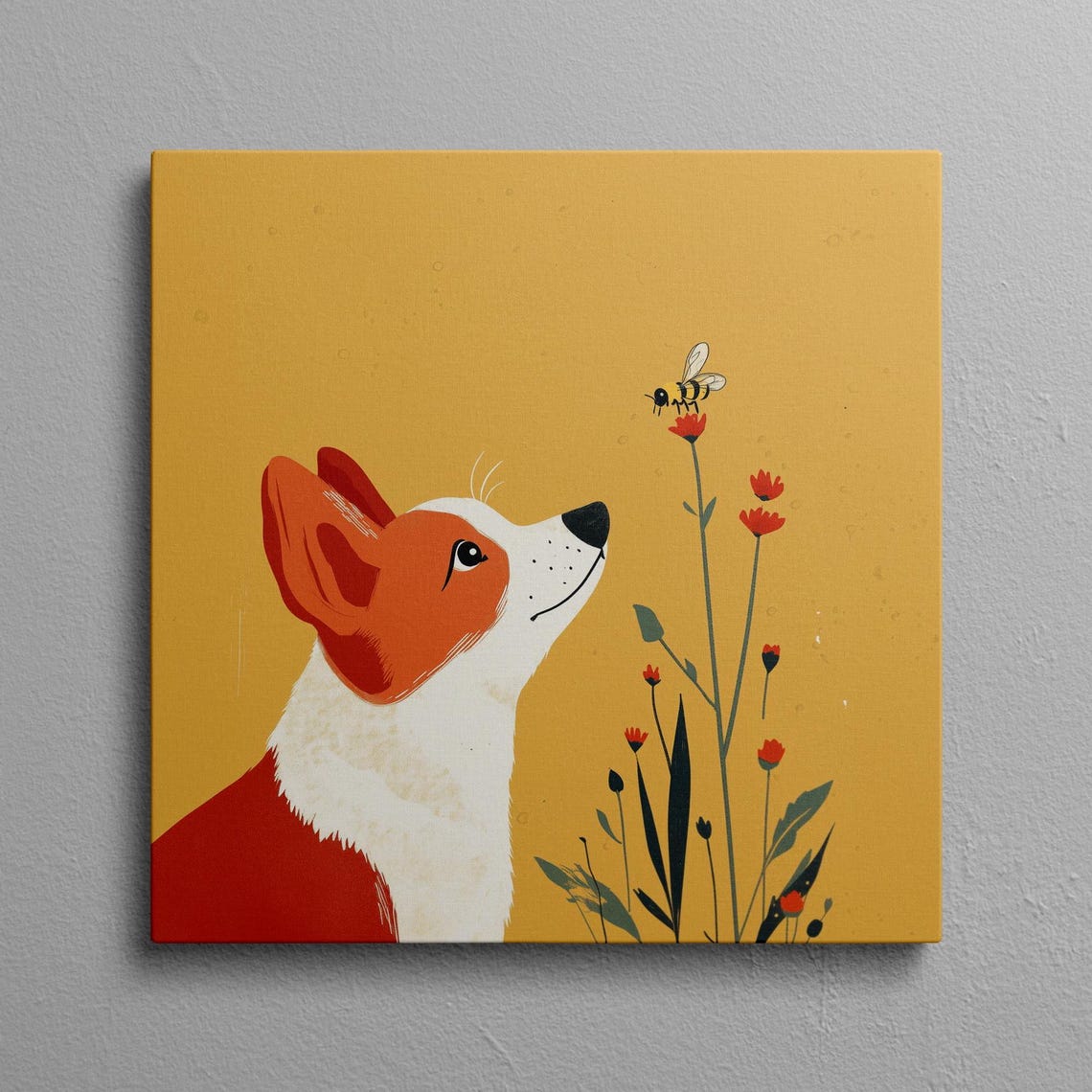 Corgi Watching a Bee on Wildflowers Minimalist Yellow Art Poster