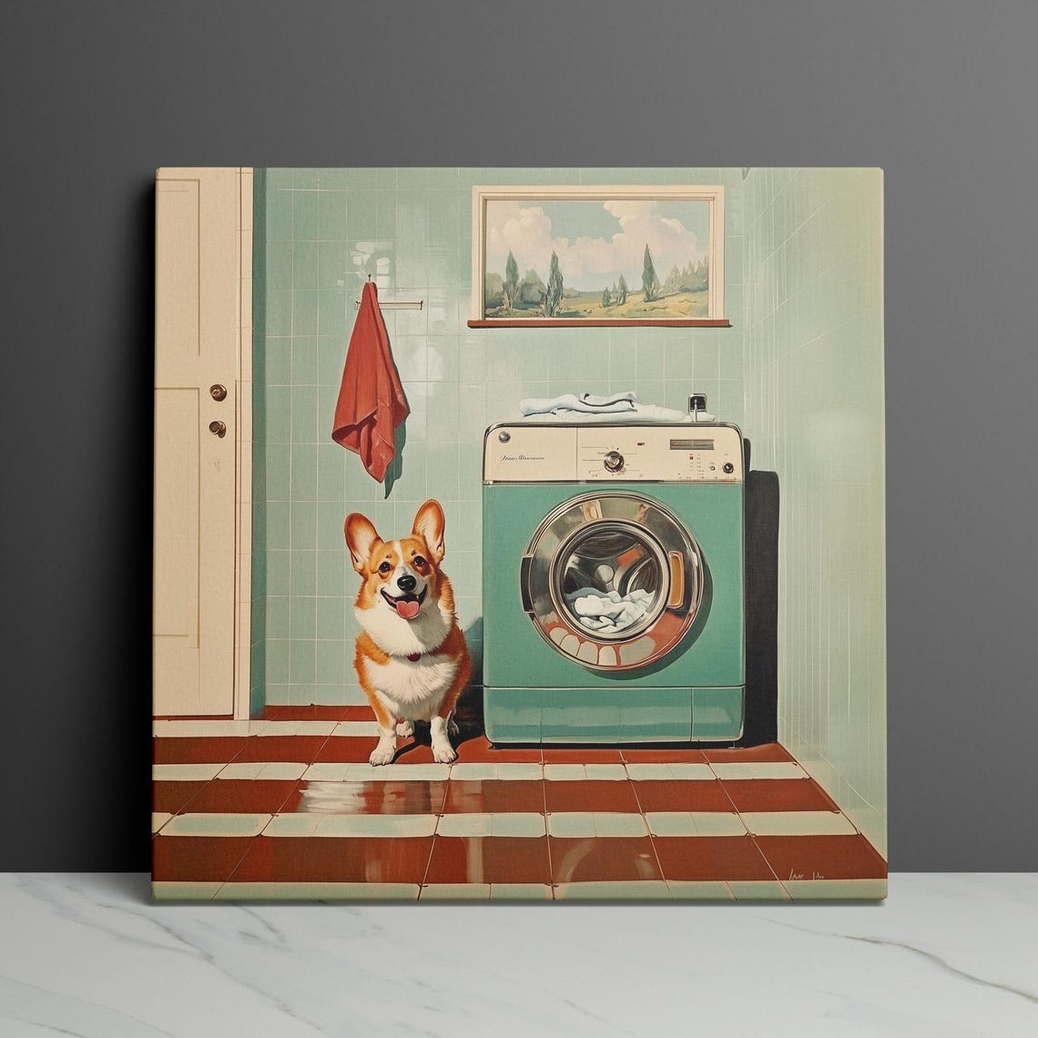 Corgi Laundry Helper Sitting by a Retro Washing Machine Poster - Image 3