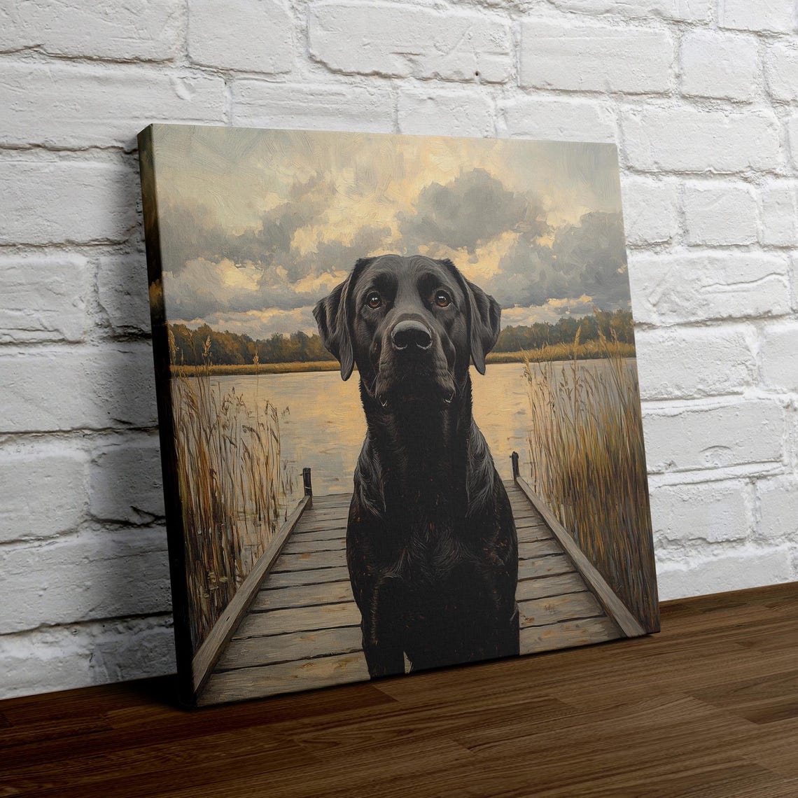 Black Lab Standing on a Wooden Dock by a Lake at Sunset Poster - Image 4
