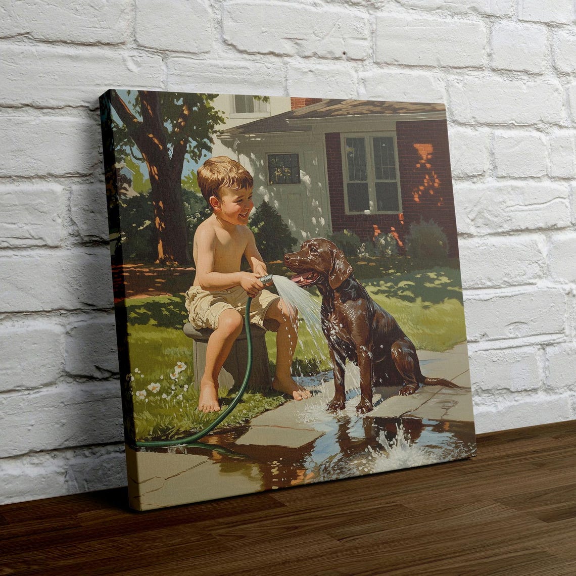 Laughing Boy Spraying Chocolate Lab With Garden Hose Summer Poster - Image 4