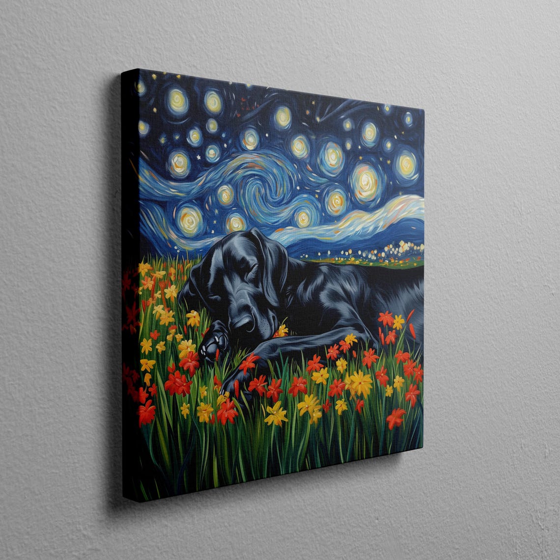 Great Dane Starry Night Dog Sleeping in a Flower Field Wall Art - Image 2