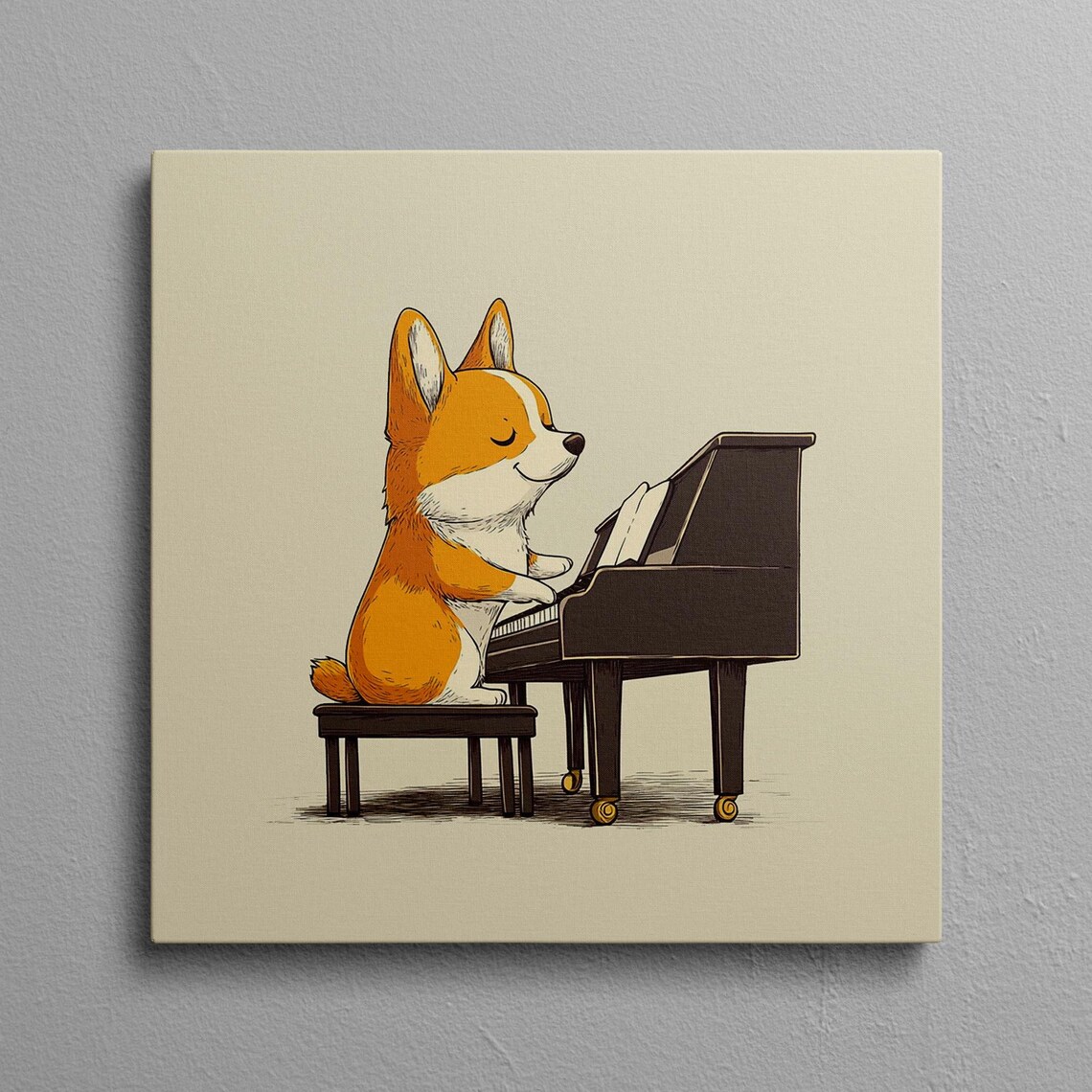 Corgi Playing A Grand Piano Minimalist Beige Dog Illustration Poster