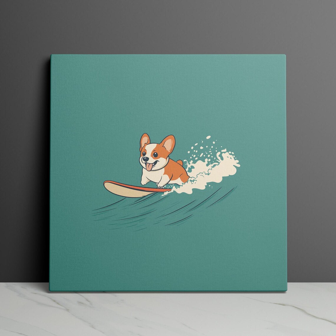 Corgi Surfer Cartoon Dog Riding an Ocean Wave on Teal Poster - Image 3