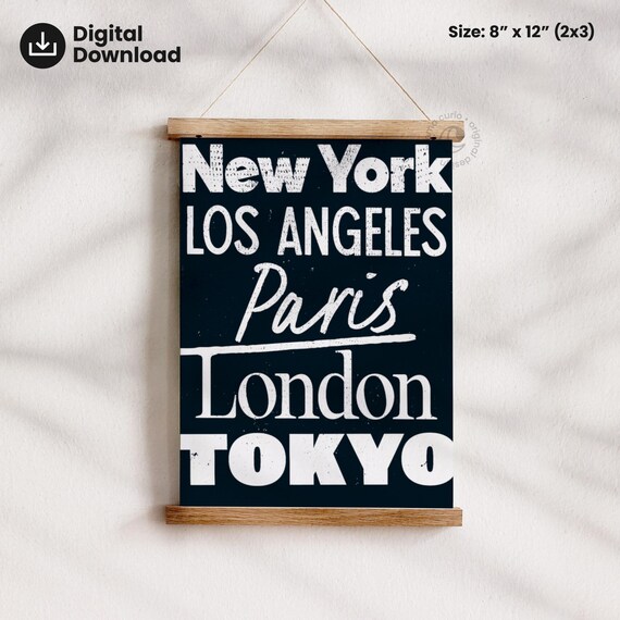 New York Paris London Tokyo World Cities Black Background Poster