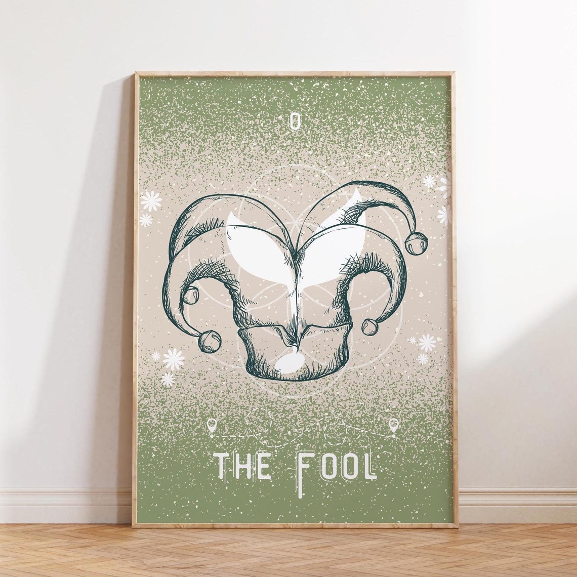 The Fool Tarot Card Jester Hat Sage Green Celestial Art Poster