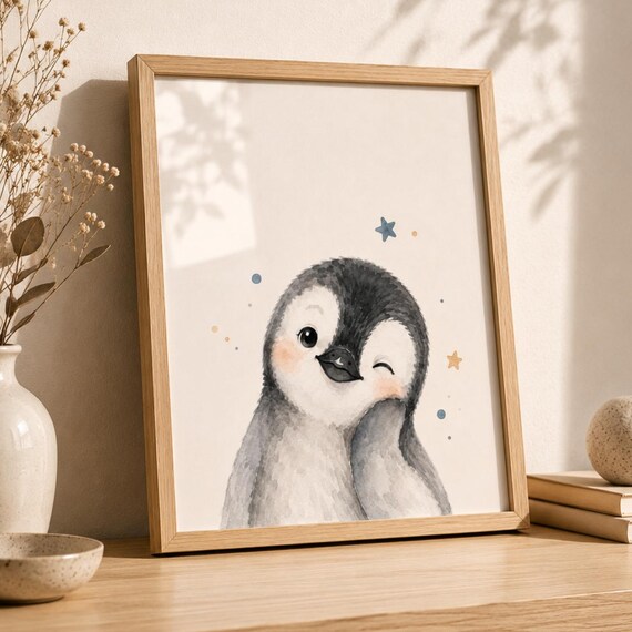 Cute Baby Penguin Winking Watercolor Stars Gender Neutral Nursery Art Poster