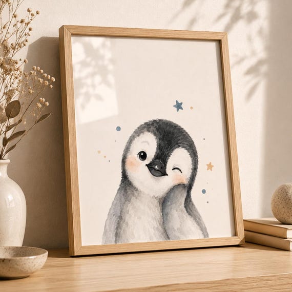 Penguin Nursery Wall Art Cute Baby Print Watercolor Animal Poster Gender Neutral Kids Room Decor Shower Gift
