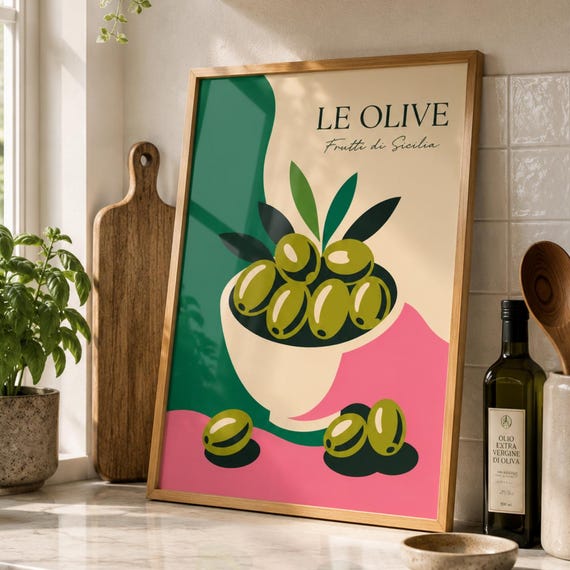 Italian Olive Wall Art Print Mediterranean Kitchen Decor Vintage Poster Sicilian Fruit Market Modern Food