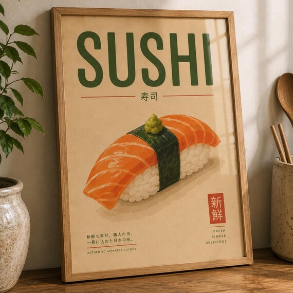 Sushi Salmon Nigiri Vintage Japanese Cuisine Kitchen Art Poster