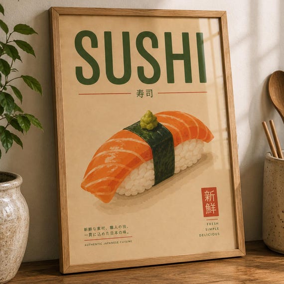 Sushi Wall Art Salmon Nigiri Poster Retro Japanese Food Decor Orange And Green Kitchen Artwork For Dining Room