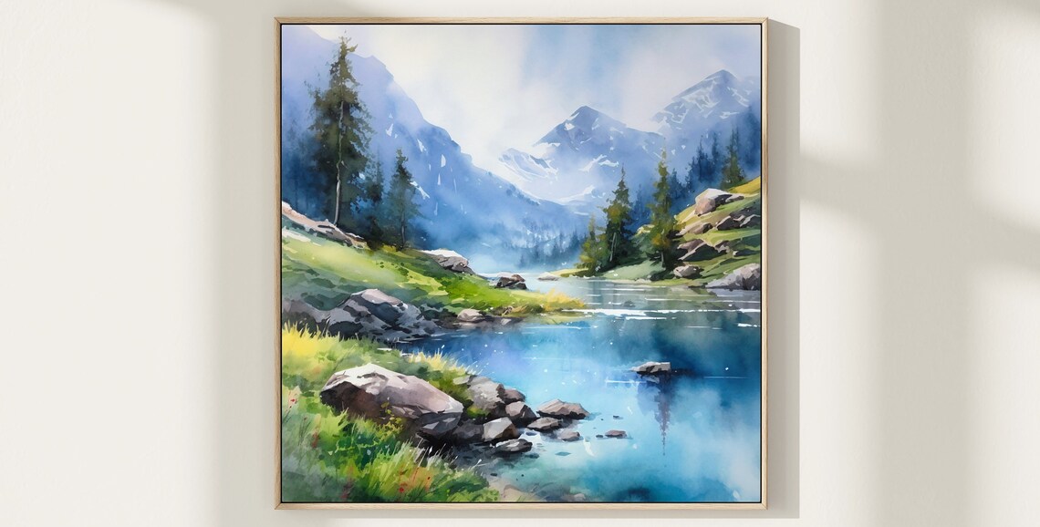 Blue Alpine Lake Watercolor with Snowy Peaks and Meadow Poster