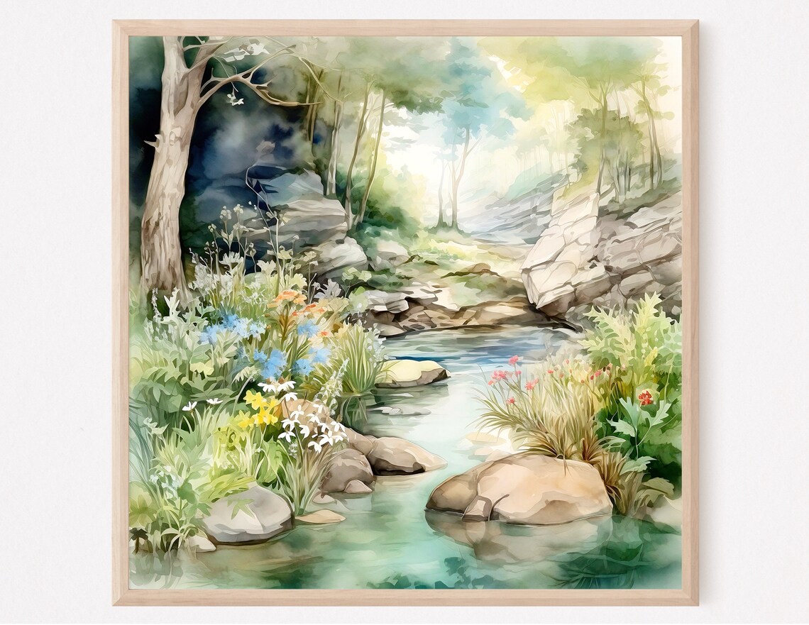 Forest River Watercolor Art Print, Nature Landscape