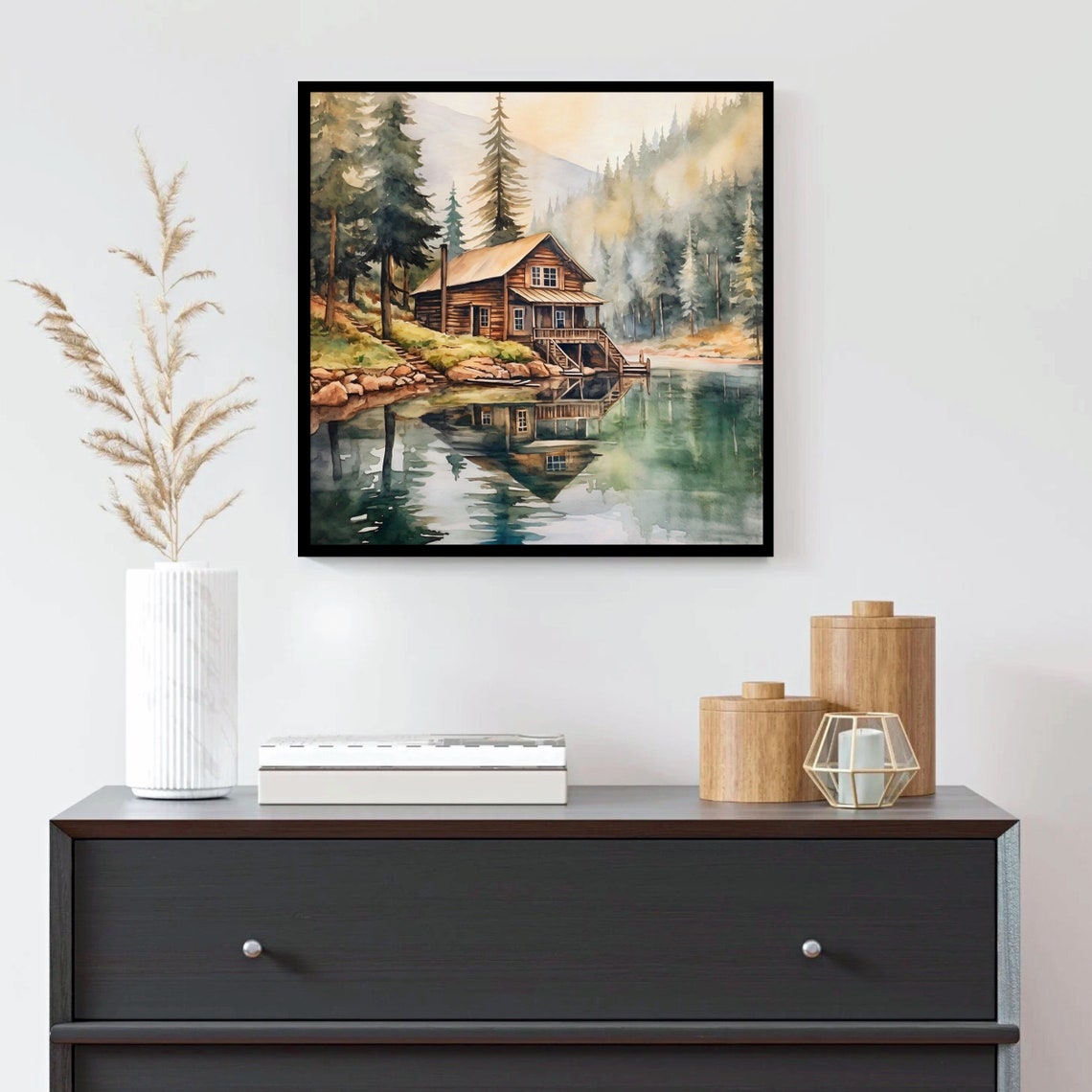 Log Cabin On Mountain Lake Reflection Pine Forest Watercolor Poster - Image 3