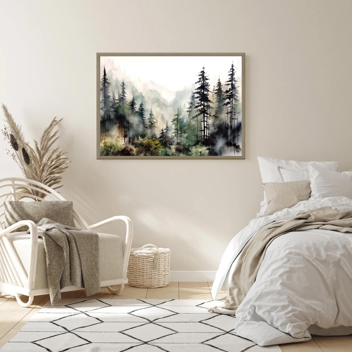 Misty Pine Forest Foggy Trees Watercolor Nature Landscape Wall Art - Image 4