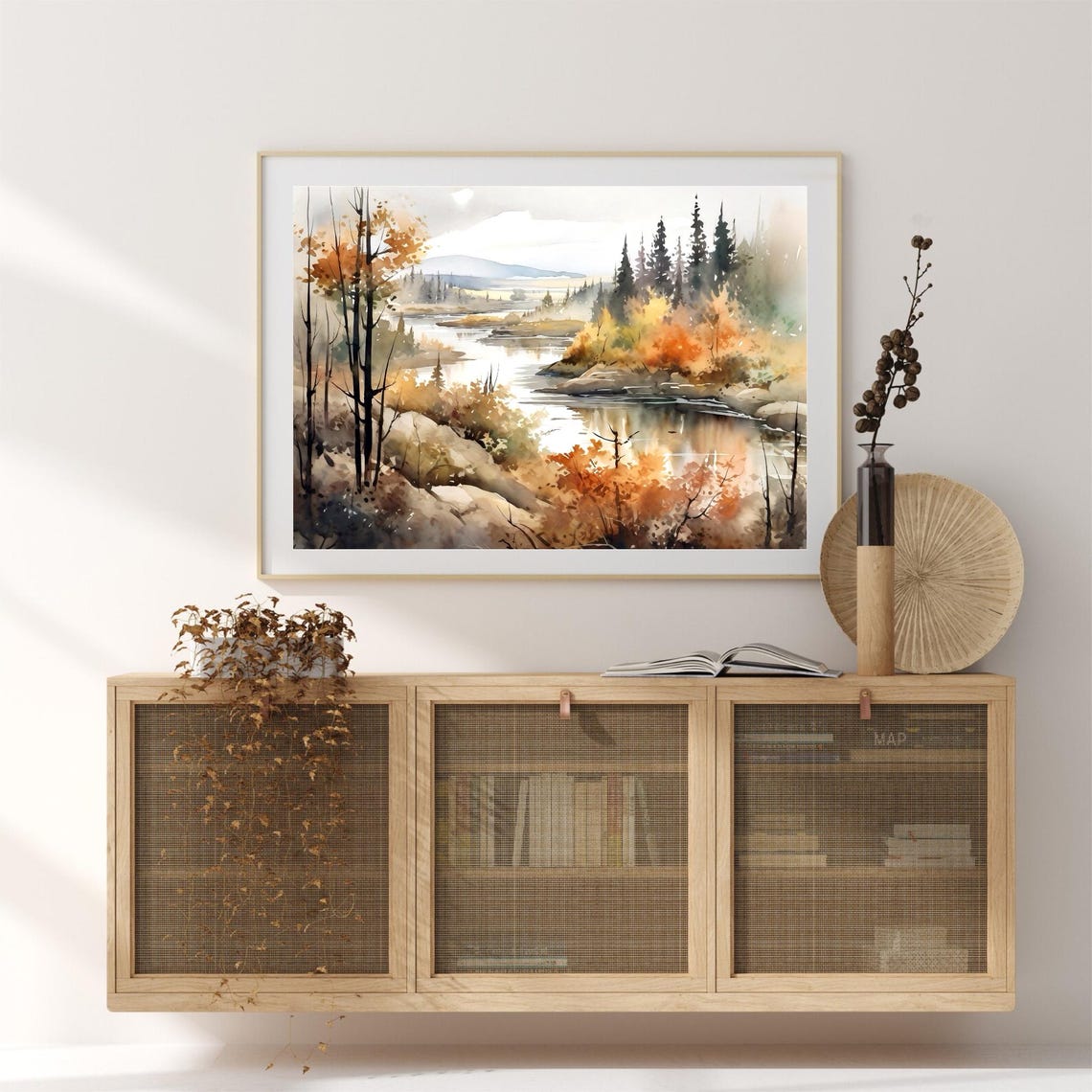 Autumn River with Golden Foliage and Bare Trees Watercolor Poster - Image 2