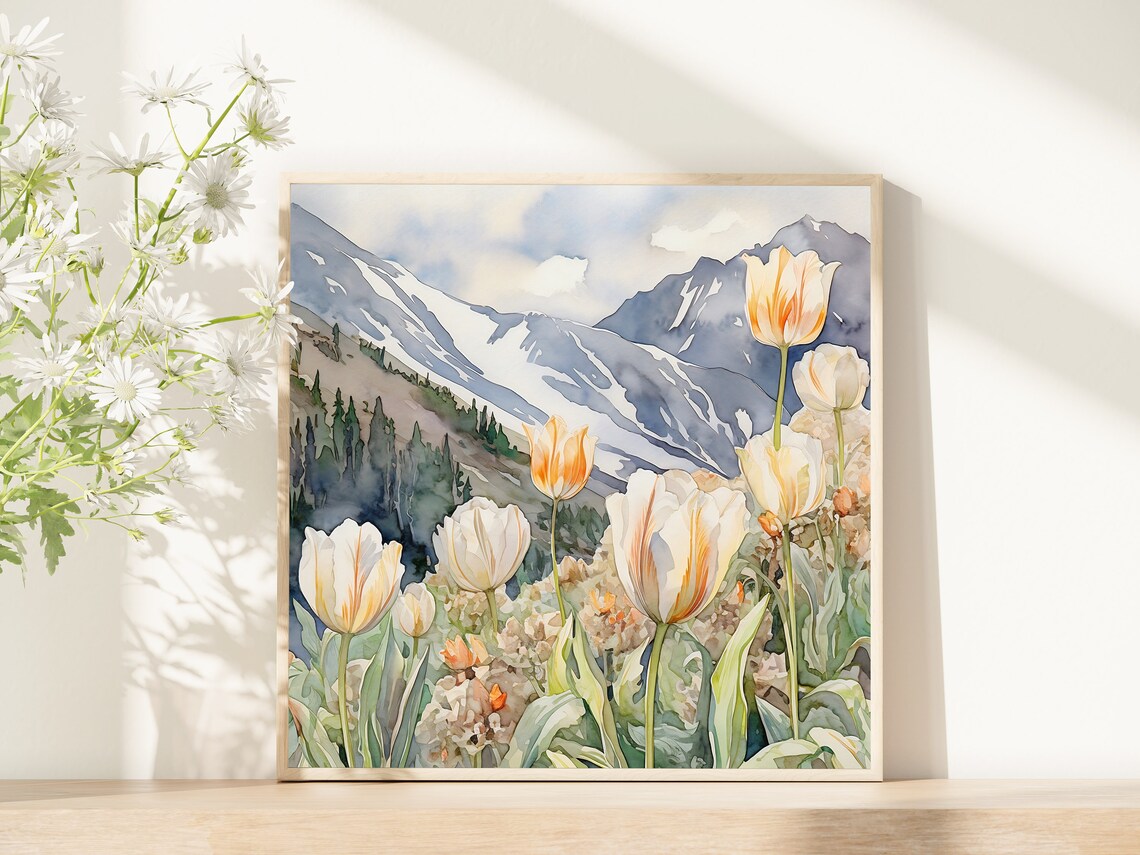 White Tulips Orange Blossoms Snowy Mountains Watercolor Wall Art - Image 5