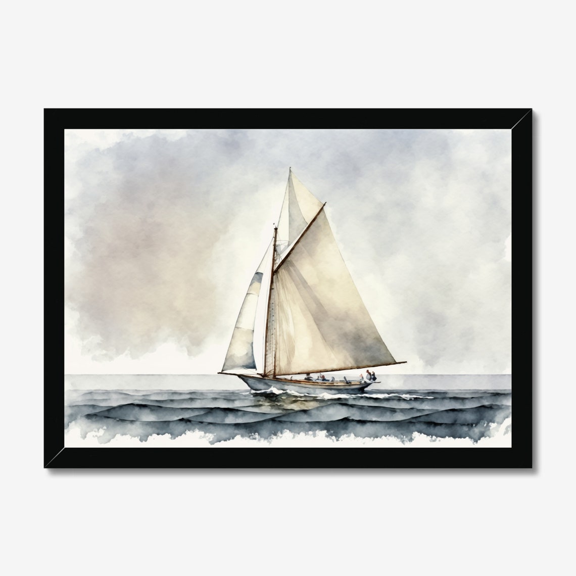 Sailboat on Open Sea Under Cloudy Sky Minimalist Watercolor Poster