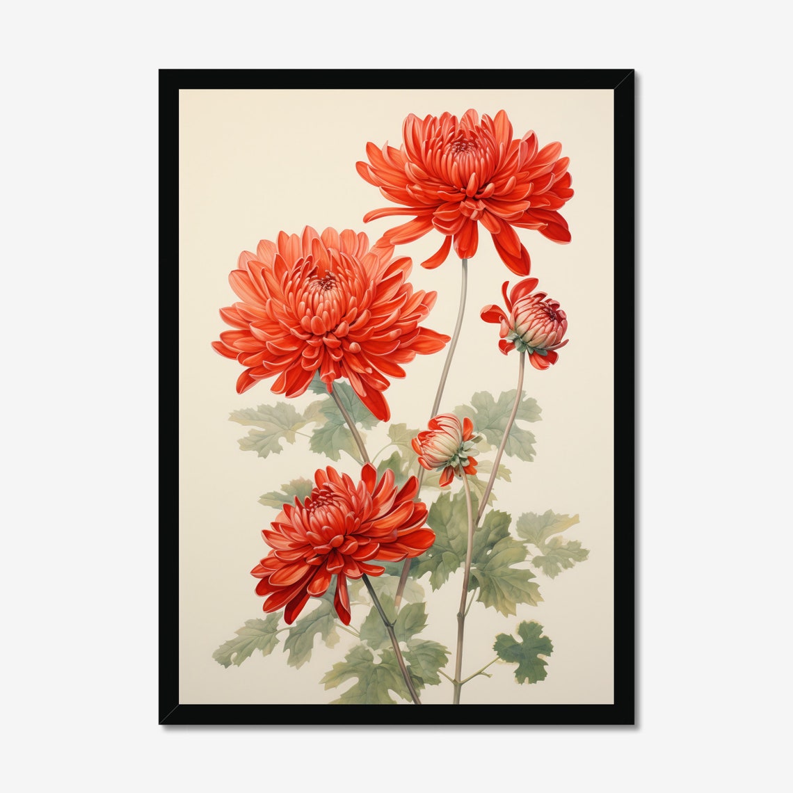 Red Chrysanthemum Blooms Japanese Style Floral Botanical Art Poster