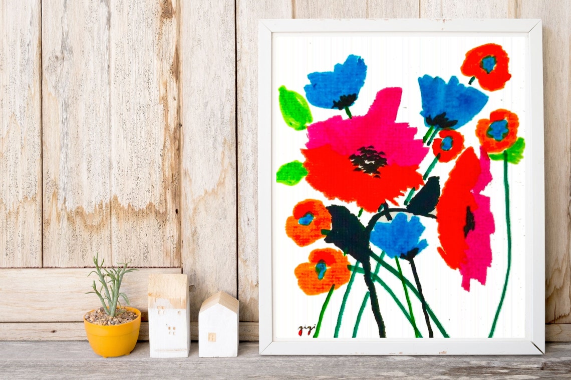 Vivid Red Poppies and Blue Cornflowers Bouquet Watercolor Poster