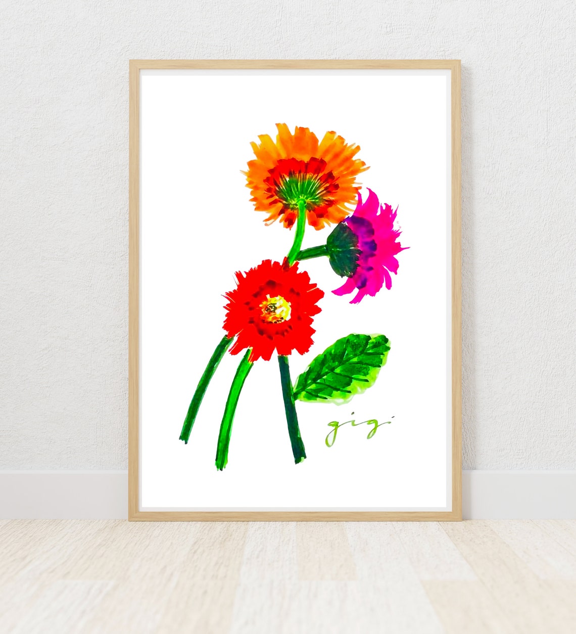 Bold Orange Red and Magenta Daisies Watercolor Blooms Art Poster