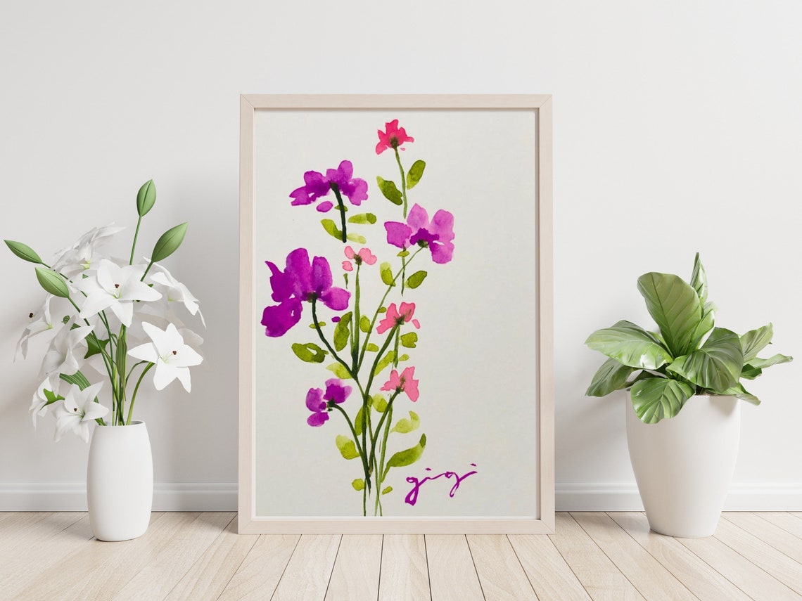 Tall Purple and Pink Wildflowers in Watercolor Stem Art Poster